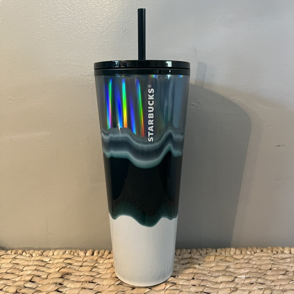 Starbucks 2021 Collectible Holiday Silver Dark Green White Wave Tumbler 24oz